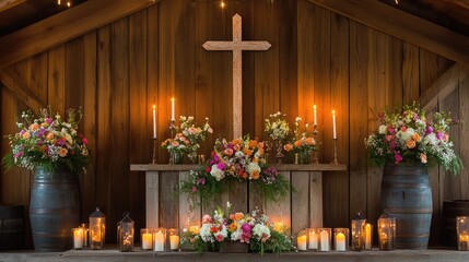 A rustic wooden altar with a simple cross placed atop, surrounded by soft candlelight and floral arrangements.