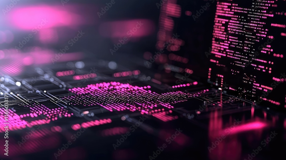 Aufkleber Noise abstract background idea. Close-up view of a circuit board with glowing elements in vibrant pink hues.