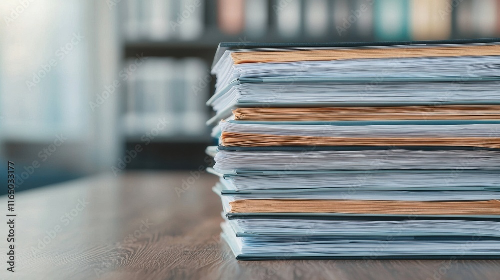 Poster stack of folders filling desk symbolizing administrative burden in office