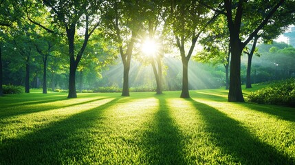 Fototapeta premium A tranquil view of a city park at sunrise, with the golden light filtering through the trees and illuminating the dew kissed grass.