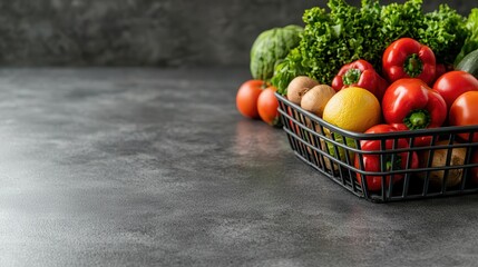 Plant-based cuisine emphasizes sustainability and freshness. Fresh vegetables in a basket on a countertop