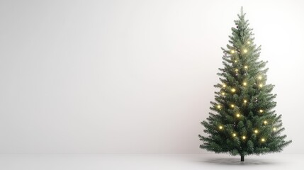 A simple Christmas tree with a few well-placed decorations and soft fairy lights, standing against a minimal white background with ample room for copy.