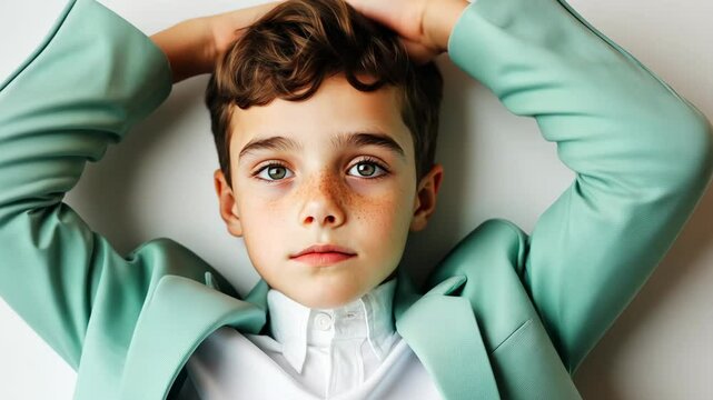Young boy in mint green jacket poses with confidence and style against a neutral background