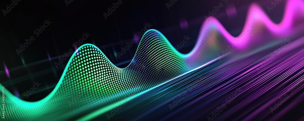 Poster Noise abstract background idea. Vibrant sound wave visual with colorful peaks and digital effects, ideal for tech themes.