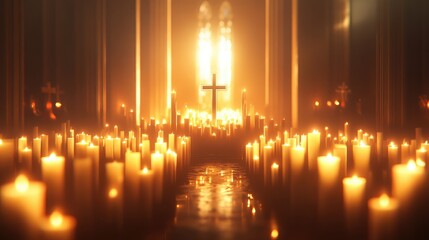 A soft-focus background of candlelight in a church with a small cross placed at the center of the glowing scene.