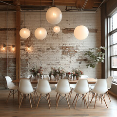 Minimalist wedding reception table in industrial loft
