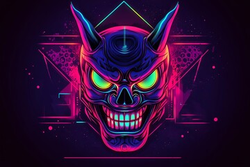 Neon Oni mask illustration with vibrant colors and geometric shapes.
