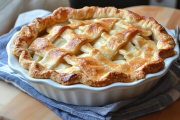 Freshly baked apple pie in a white ceramic dish, golden brown lattice top crust, and flaky pastry.