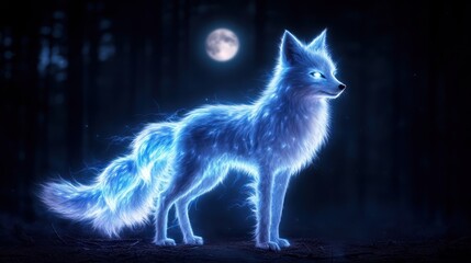 Obraz premium A glowing, ethereal fox stands in a dark forest under a full moon.