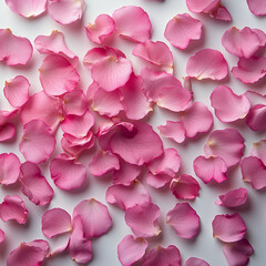 Pink rose petals scattered on white background