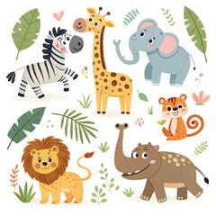 Adorable Cartoon Jungle Animals Vector Collection on White Background