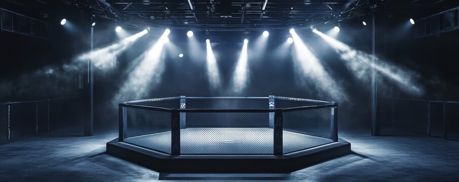 Illuminated Octagon MMA Cage in a Dark Arena:  Awaiting the Fight