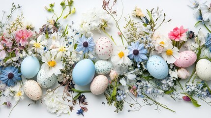 Obraz premium A vibrant Easter composition with pastel eggs and spring flowers, displayed on a smooth white surface with ample room for overlays.
