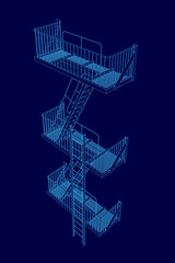 Blue drawing of a fire escape with a ladder. The ladder is on the left side of the image