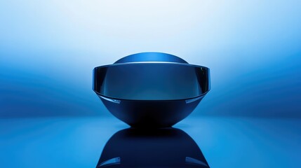 A VR headset placed on a smooth, gradient blue background with subtle reflections. Modern and minimalistic composition with copy space.