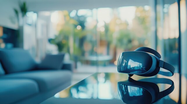 A VR headset resting on a modern glass table with a blurred minimalist living room in the background. Plenty of empty space for creative use.