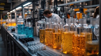 A laboratory scene with colorful liquids in glass containers, indicating scientific research.