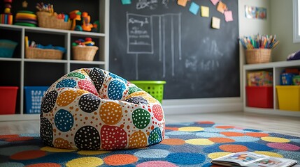 A vibrant kids' playroom featuring a bean bag chair in fun patterns, toy baskets nearby, a chalkboard wall for drawing, scattered storybooks on the floor, and a playful, colorful theme throughout,