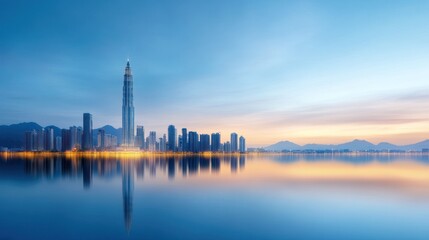 Naklejka premium City skyline at dusk reflecting on calm water.