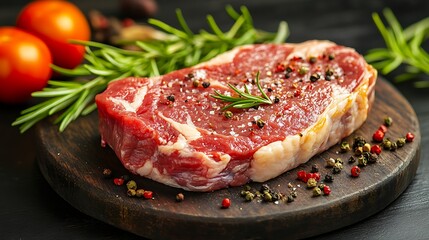 Obraz premium Raw ribeye steak seasoned with rosemary, peppercorns, and salt on a dark wooden board.