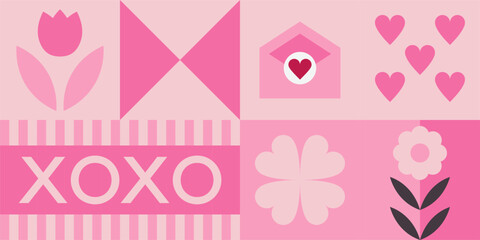 Retro hearts and flowers grid