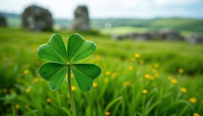 Close-up of a vibrant green shamrock in a lush field, symbolizing good luck for St. Patrick's Day