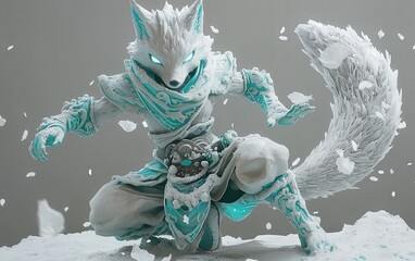 A snow fox warrior in a dynamic pose with glowing eyes and turquoise accents. Ideal for a game character or collectible figurine.