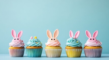 Colorful Easter bunny cupcakes decorated with fondant ears and pastel frosting on a smooth pastel blue background with ample copy space.
