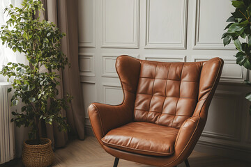 Obraz premium Luxurious Leather Wingback Chair in a Modern Living Room