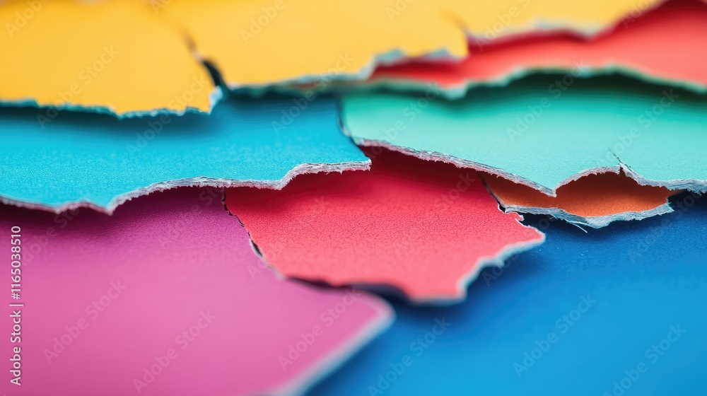 Poster Torn abstract background concept. Colorful torn paper layers creating a vibrant abstract background for creative projects.