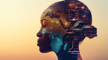 digital map of africa and african woman - concept of technological growth