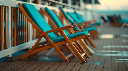 Sun-kissed lounge chairs lined up on a luxury cruise ship deck offering panoramic ocean views for a tranquil vacation experience