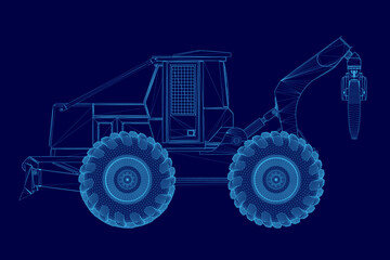 Blue image of a large truck with a crane on the back. The truck is shown in a stylized way, with the tires and wheels emphasized. Scene is futuristic and industrial