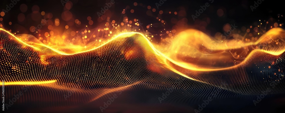 Poster Noise abstract background idea. Abstract waves of golden light glowing in the darkness, creating a mesmerizing effect.
