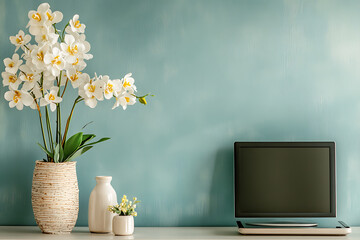 Elegant Living Room Decor with Orchids and TV