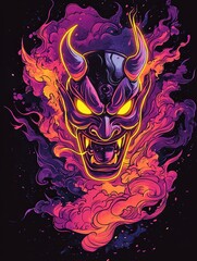 Oni mask engulfed in vibrant, swirling flames and smoke, showcasing sharp horns, glowing eyes, and bared fangs against a dark background.