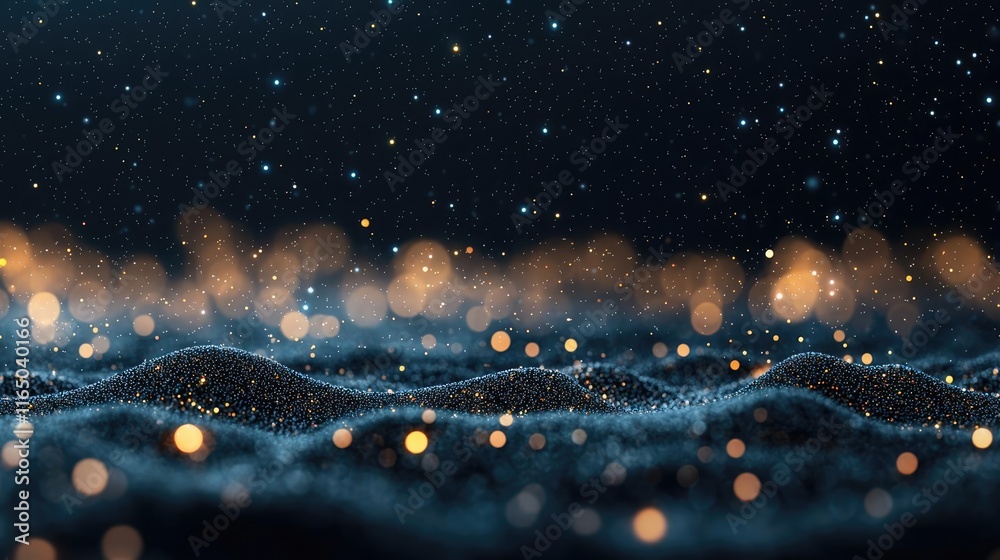 Poster Starry abstract background idea. Abstract close-up of shimmering waves with sparkling lights in a dark background.