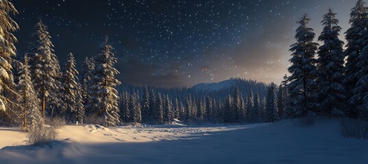 Snowy forest and starry sky in the mountains