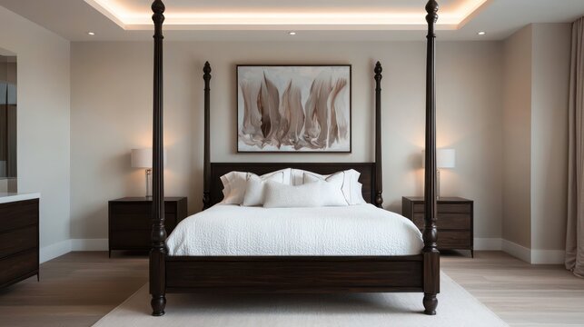 Modern master bedroom with dark wood bed, soft linens, minimalist furniture, and warm lighting. - Powered by Adobe