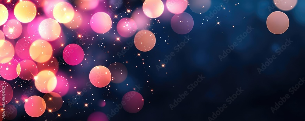 Poster Starry abstract background idea. Colorful bokeh lights on a dark background, creating a dreamy and festive atmosphere.