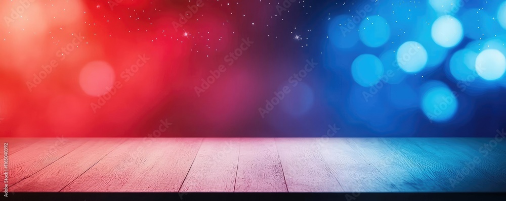 Poster Starry abstract background idea. Colorful background with red and blue bokeh lights and a wooden surface for display.