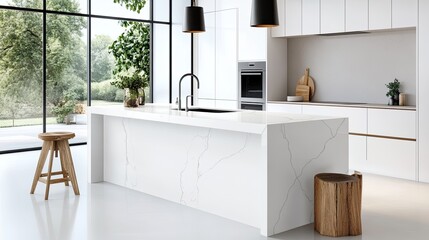 Contemporary white kitchen with beautiful quartz countertops and designer appliances that let in natural light from the windows.