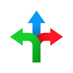 Three way direction arrow icon in flat design. 3 arrowheads sign symbol