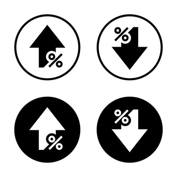 Up and down percent arrow icon on black circle. Percentage growth and decline arrows concept