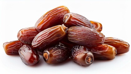 "A cluster of glossy, ripe dates with wrinkled texture, captured on a clean, bright background for food displays."