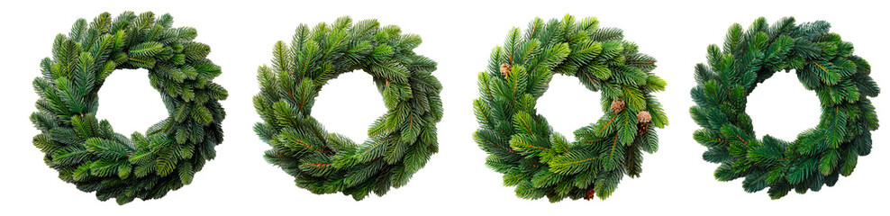 Lush-green-wreath-made-of-fir-tree-branches,-perfectly-circular-in-shape,-isolated-on-white