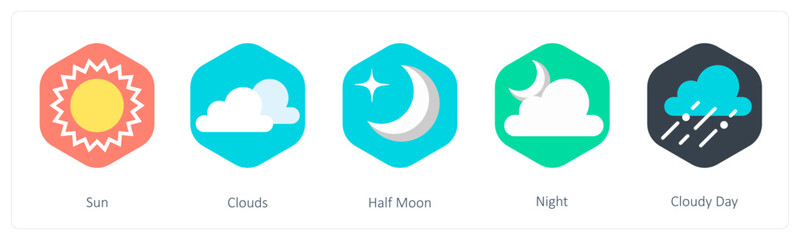 A set of 5 mix icons as sun, clouds, half moon