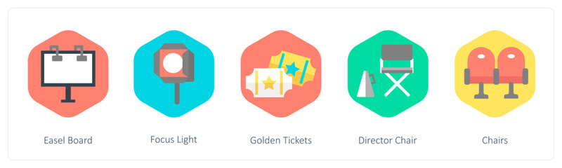 A set of 5 mix icons as easel board, focus light, golden tickets