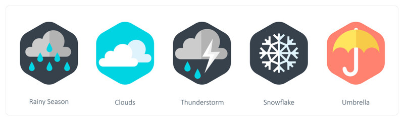 A set of 5 mix icons as rainy season, clouds, thunderstorm