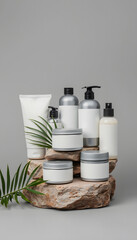 Natural Cosmetics: Eco-Friendly Beauty Products. An assortment of blank cosmetic containers sits on a natural rock with tropical leaves, promoting sustainable skincare